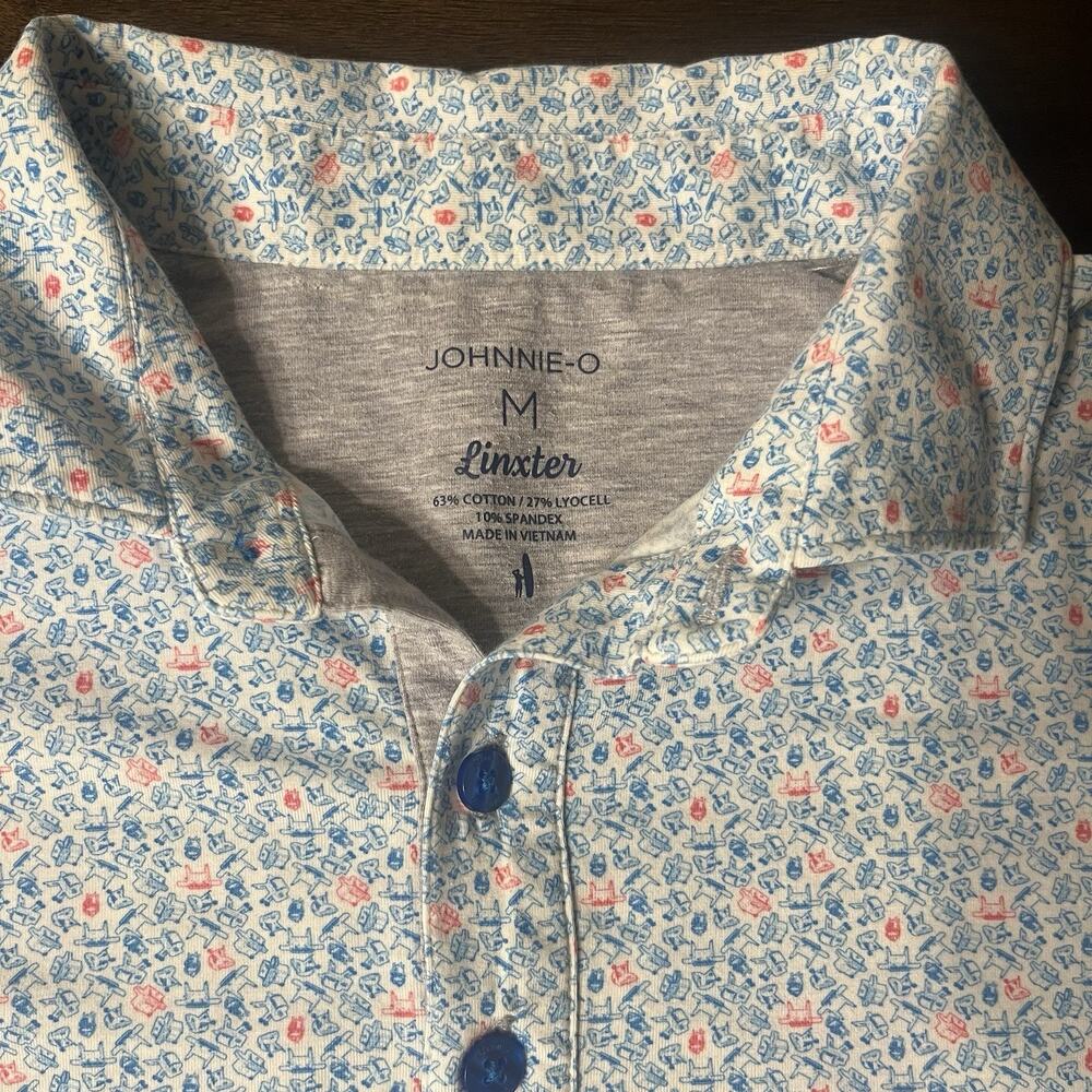 Johnnie-O Polo Golf Shirt Medium Linxter Stretch BBQ Dot Blue Pink White